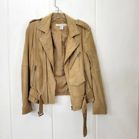 Rezrekshn by Ester Chen Tan Suede Moto Jacket Women's Size Small - Picture 1 of 7